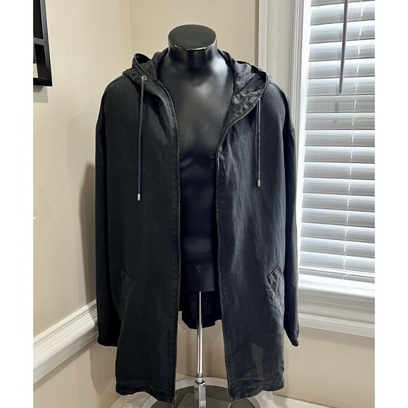 Calvin Klein Mid Length Jacket L Mens Black Full Zip Hooded Sun Faded Matrix - Picture 1 of 12